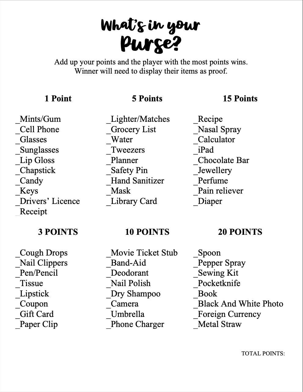 Whats in Your Purse Game, Purse Game for Bridal Shower, Purse Hunt