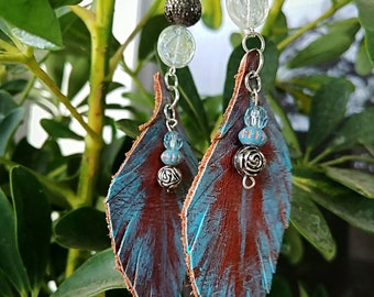 Sky Blue Leaf Leather Feather Earrings