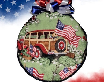 4th of July Ornament Woody Station Wagon and Flag