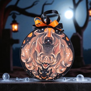 Gothic Bat Halloween Ornament – Spooky Fabric Art Décor with Moon & Stars