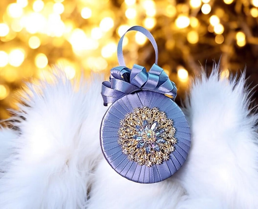Blue Satin Ribbon Christmas Ornament With Rhinestone and Blue Center - Etsy
