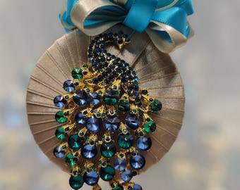 Gold Ribbon Peacock Christmas Ornament