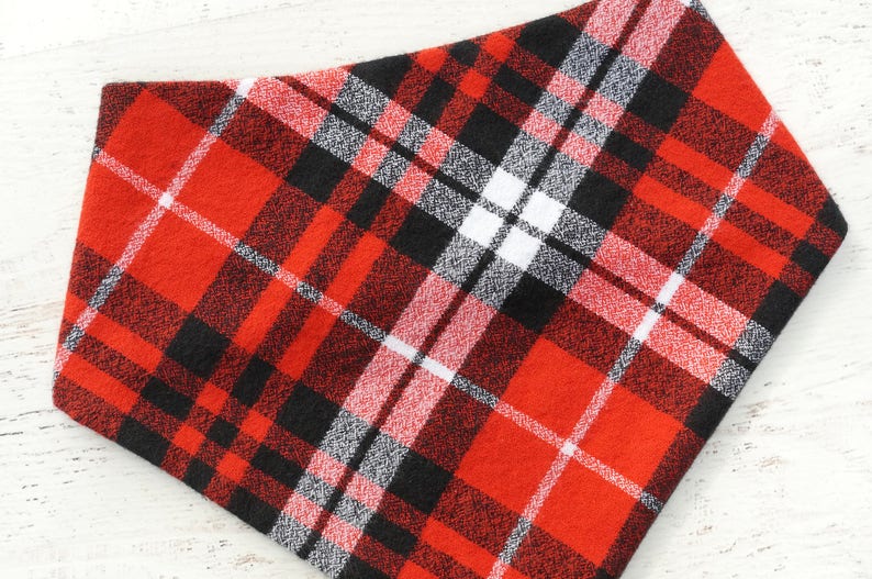 MooseExpressions red & black plaid flannel bandana close up