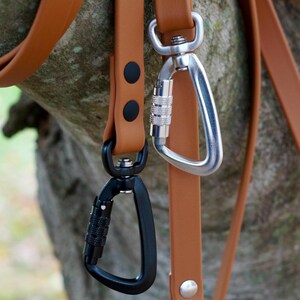 MooseExpressions tan waterproof leashes with silver or black carabiner close up