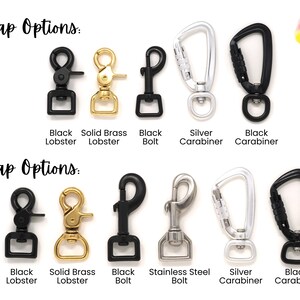 Peut inclure: Plusieurs options de mousquetons pour laisses de chien, dont des mousquetons noirs, des mousquetons en laiton massif, des boulons noirs, des mousquetons argent&eacute;s et des mousquetons noirs. Le texte "5/8in Snap Options" et "3/4in Snap Options" est &eacute;galement visible.