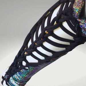 Holographic Silver Rainbow Arm Warmers Half Sleeves Elven Clothing rave style fingerless gloves gauntlets gothic burning man look slit weave