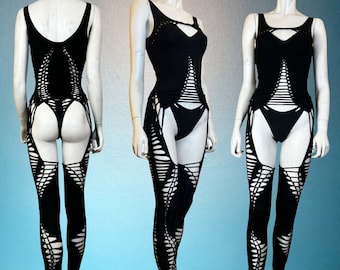 Slit Weave Catsuit Sexy bodysuit garter style bodysuit burner fashion burning man outfit exotic dance festival fit cut bodysuit rave outfits