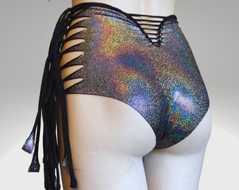 Holographic Booty Shorts High waisted panties with tassels Slit Weave fringe shorts burner outfit rave shorts festival outfit pole shorts