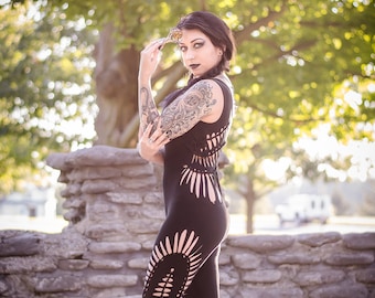 Bodysuit Black Catsuit bodysuit Slit Weave Cut Out Cat Suit witch Tribal bodysuit cut out bodysuit Witch Outfit Braided Yoga Leotard  sexy