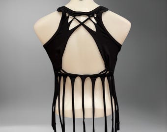 Slit Weave Cotton Fringe Crop Top – Racerback Festival Top, Rave Clothing, Boho Summer Crop Top for Women, Dance Top, Handmade Fringe Shirt