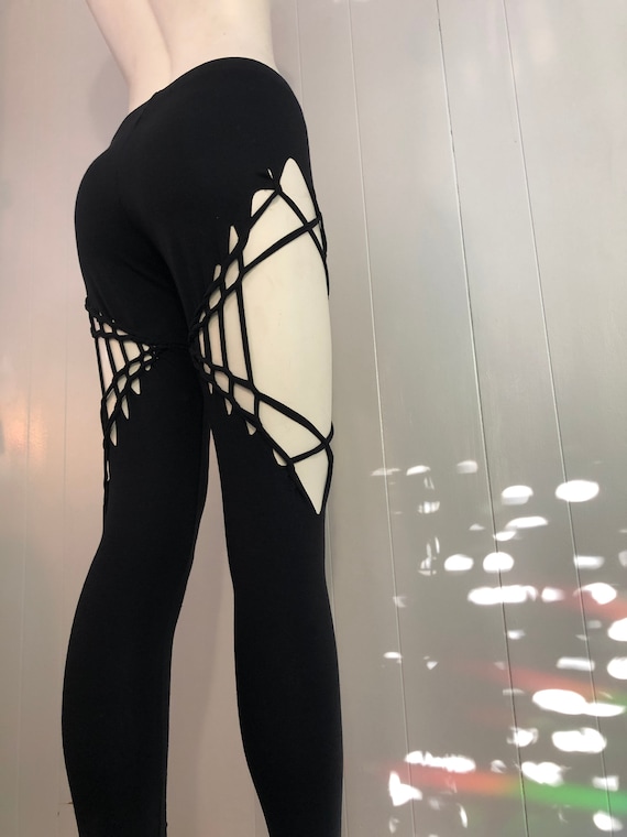 Sexy Leggings Slit Weave Burner Outfit Gothic Pants Post Apocalyptic Sliced Leggings  Sexy Fishnet Pants Open Thigh Leg Tattoo Cut Out Pants