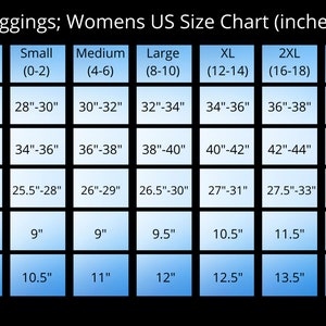 以下が含まれることがあります： アメリカの女性用レギンスのサイズチャートで、ウエスト、ヒップ、股下、ライズ（前）、ライズ（後ろ）の寸法がインチで表示されています。