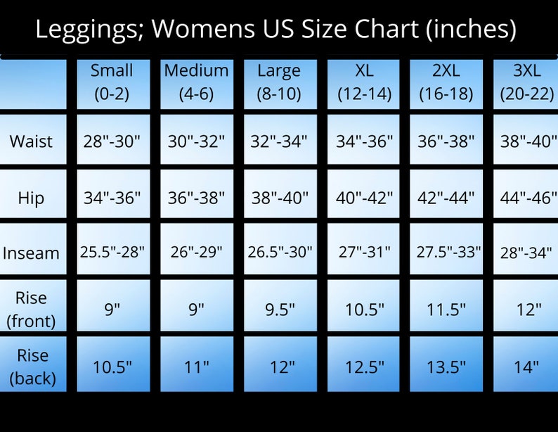 以下が含まれることがあります： アメリカの女性用レギンスのサイズチャートで、ウエスト、ヒップ、股下、ライズ（前）、ライズ（後ろ）の寸法がインチで表示されています。