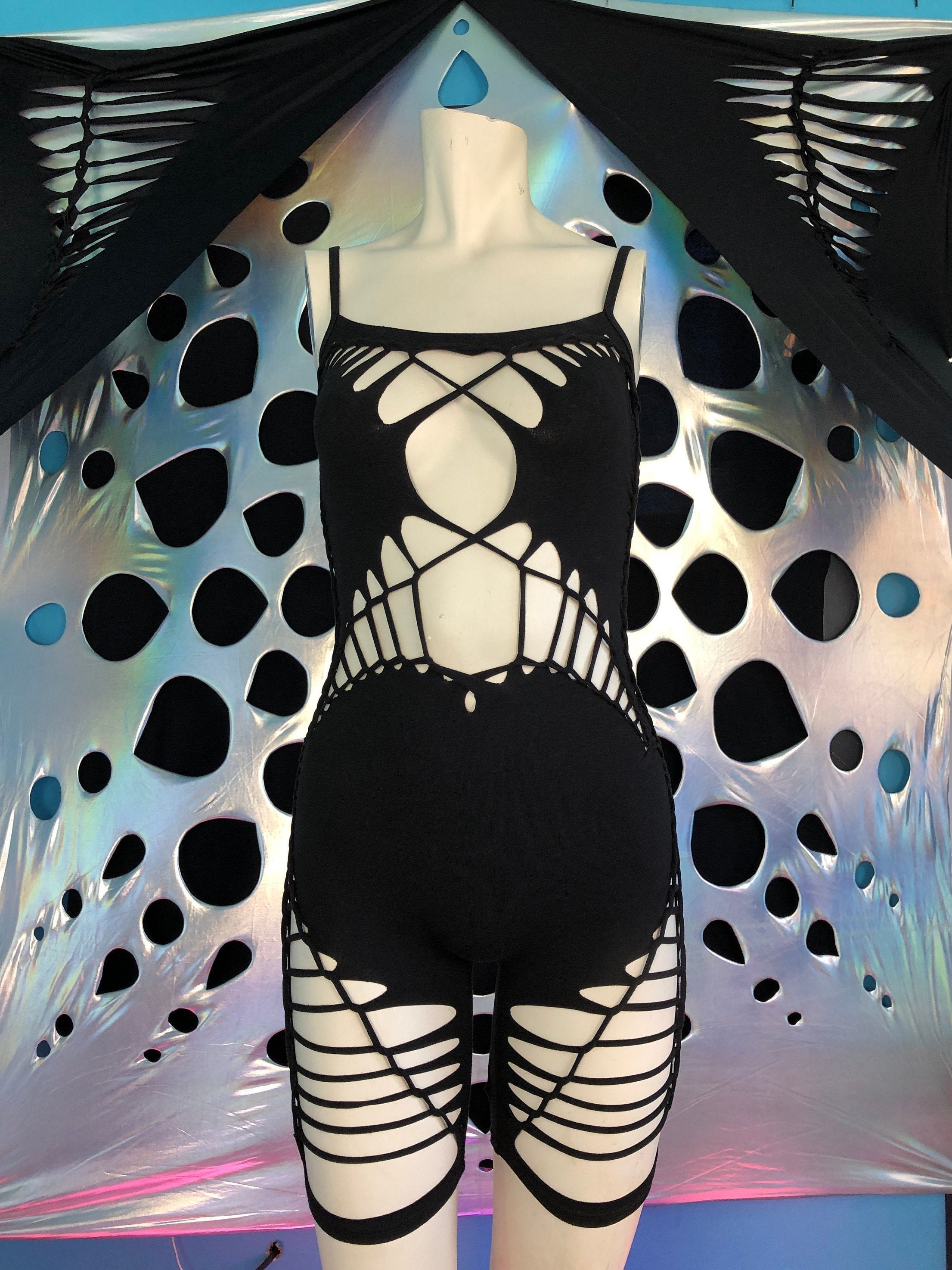 Catsuit bike shorts bodysuit Biking shorts unitard on sale slit weave Festival bodysuit Sexy rave outfit bodysuit cotton fire safe gothic