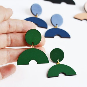 Geometric green dangle earrings, Green bold earrings, Half circle earring, Geometric modern earrings, Wood, Energy Green
