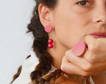 Modern Earrings, Hand-Painted Wooden Modular Earrings, Aurora 2-in-1 Earrings, Long Dangle or Circle Studs, Lightweight Statement Jewelry