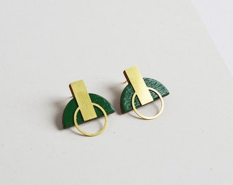 Green bold earrings, Olive green and gold earrings, Statement Geometric Earrings, Modern green studs