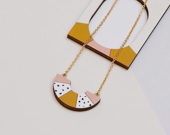 Polka Dots Small Necklace, Wooden Pendant, Geometric Lightweight Necklace, Everyday Necklace