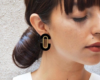 Black and Gold Geometric Earrings, Statement Studs for Weddings and Special Events, Handmade Modern Jewelry