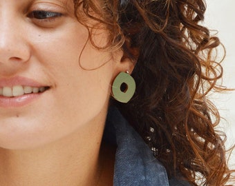 Olive green studs, Big stud earrings, Geometric Stud Earrings, Leaf Earrings, Wooden Earrings, Wooden Geometric Earrings