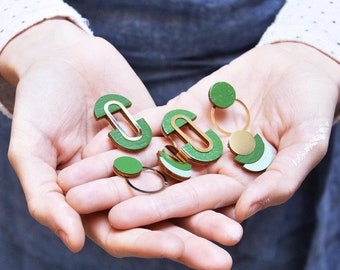 Green earrings, Modern stud earrings, Geometric earrings, Geometric green earrings, Olive green, Statement earrings