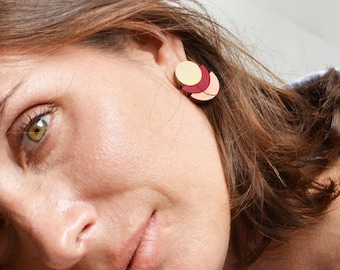 Blush Pink and Red Geometric Earrings, Modern Studs in Wood and Brass, Art Deco Inspired Earrings