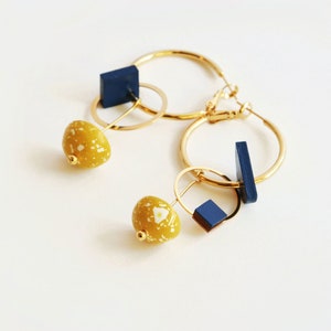 Hoop earrings with charm, Statement geometric hoop earrings, Gold plated hoop earrings, Mustard and blue