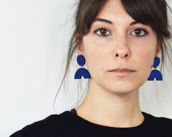 Geometric modern blue earrings, Bold blue dangle earrings,  Arch shape navy earrings