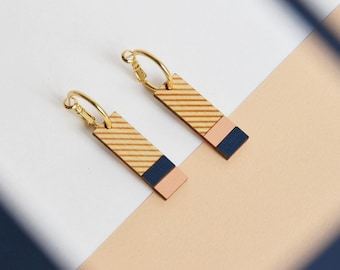 Geometric Stripe Earrings, Reversible Wooden Hoops, Navy & Nude Statement Earrings