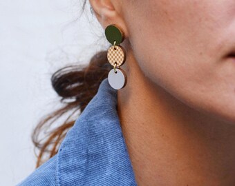 Geometric Pattern Drop Earrings, Lightweight Wooden Jewelry, Square Pattern Earrings