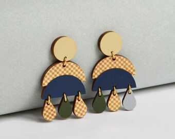 Blue Statement Earrings, Bold Wooden Earrings, Geometric Lightweight Dangle Earrings, Checkerboard Pattern