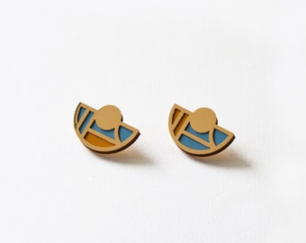 Statement earrings, Modern earrings, Geometric stud earrings, Half-circle earrings, Big studs Mustard and Ash Blue, Graphic earrings