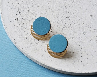 Light Blue Geometric Stud Earrings - Circle Studs - Bold Big Statement Jewelry for Everyday Wear