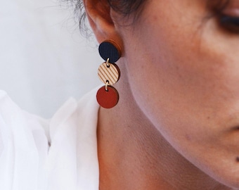 Geometric Terracotta Drop Earrings, Sustainable Wooden Jewelry, Minimalist Lightweight Earrings, Lines Pattern