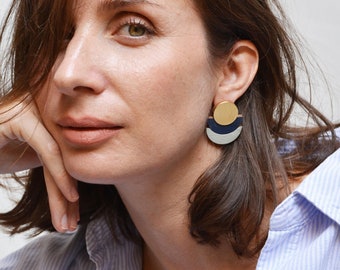 Statement blue earrings, Bold modern stud earrings, Boho modern earrings, Blue Big Studs, Gold-plated brass and wood studs