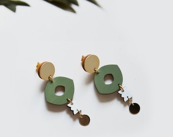 Green drop earrings, Modern drop earrings, Statement earrings, Geometric drop earrings, Lightweight big earrings