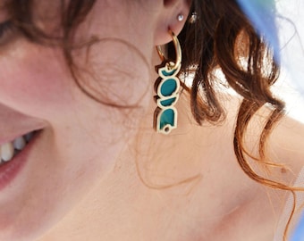 Ocean Blue Geometric Hoop Earrings - Reversible Small Hoops for Chic Style