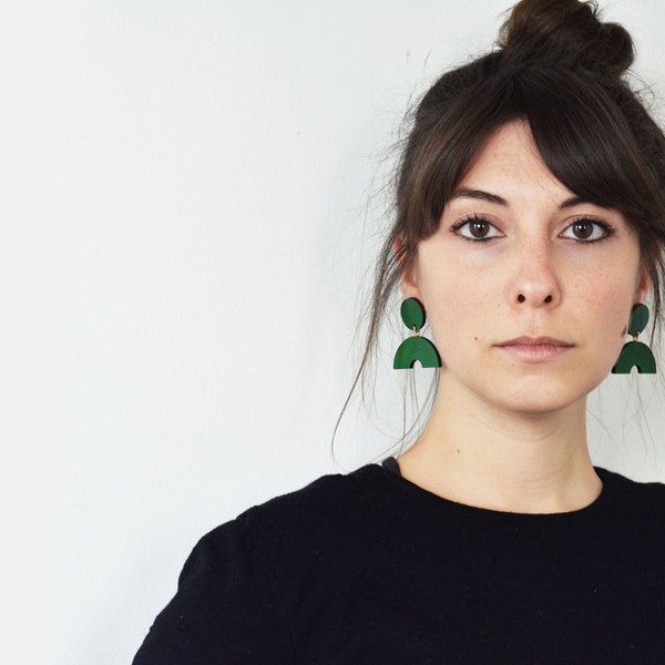 Geometric dangle earrings, Green statement earrings, Half circle earring, Dark green modern earrings, Geometric modern earrings, Wood, Green