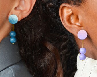 Aurora 2-in-1 Earrings, Hand-Painted Wooden Modular Earrings, Long Dangle or Circle Studs, Lightweight Statement Jewelry