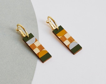 Geometric Pattern Earrings, Reversible Wooden Hoops, Minimalist Jewelry