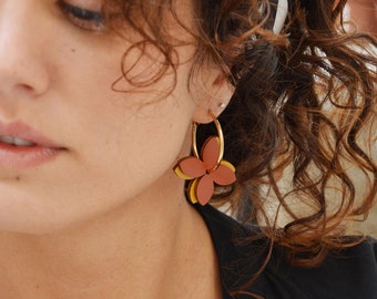 Delicate Flower Hoop Earrings - Perfect Gift for Flower Lovers - Hoop Earrings with Floral Charm - Terracotta and Mustard
