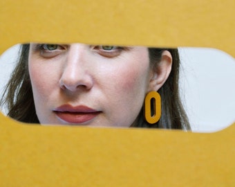 Mustard Yellow Statement Studs - Big Oval Stud Earrings - Geometric Studs for Bold Style - Wooden and Sustainable Big Earrings