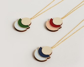Modern geometric necklace, Hand-painted pendant, Laser cut necklace, Geometric contemporary jewelry