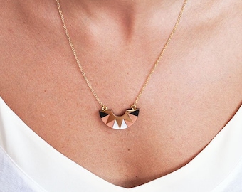 Dusty rose geometric necklace, Geometric necklace, Halfcircle necklace, Gold plated brass, Sun and Moon pendant
