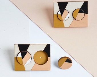 Geometric Stud earrings, Minimalist Earrings, Geometric Circle Earrings, Contemporary Earrings, Laser Cut, Mustard yellow, Pale pink