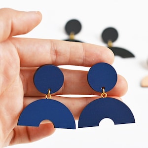 Geometric modern earrings, Shape earrings, Bold blue earrings, Geometric wood earrings, Blue modern earrings, Modern jewelry, gift for her