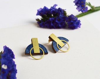 Blue statement earrings, Blue geometric earrings, Blue studs, Blue geometric stud earrings, Fan blue earrings, Indigo blue earrings