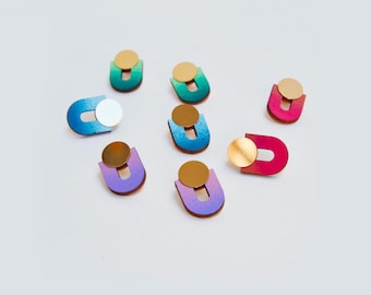 Aurora Stud Earrings, Hand-Painted Wooden Geometric Studs, Lightweight Earrings, Gold-Plated Brass, Sustainable Jewelry, Modern Jewelry