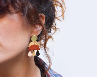 Terracotta and Nude Earrings, Extra Large Wooden Earrings, Geometric Lightweight Dangle Earrings, Bold Jewelry