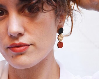 Geometric Terracotta Drop Earrings, Sustainable Wooden Jewelry, Minimalist Lightweight Earrings, Lines Pattern